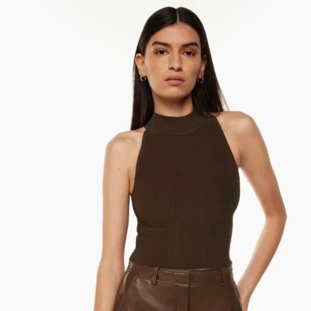 Babaton Sleeveless Ribbed Mock Neck Tank - Brown